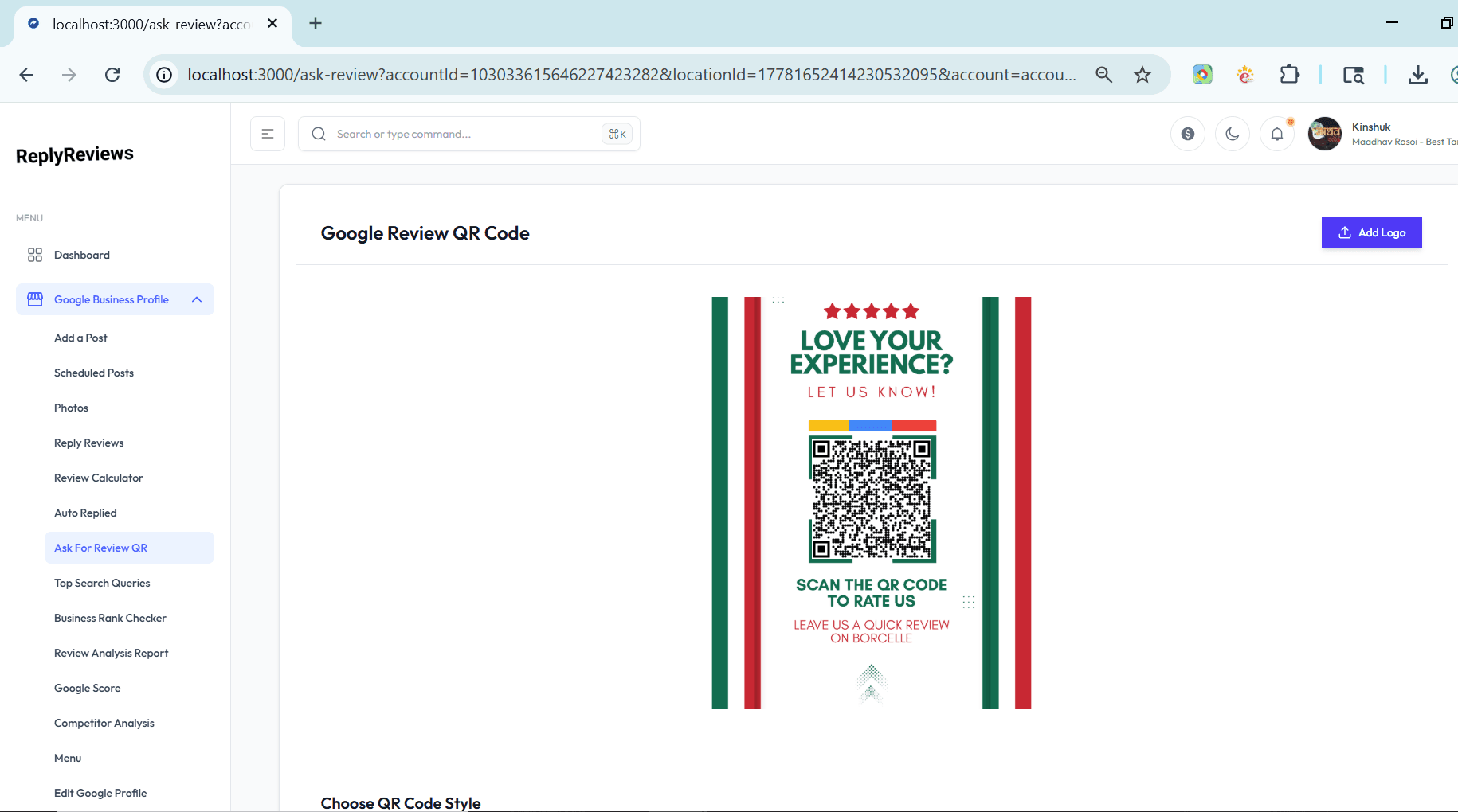 QR code card for collecting Google reviews