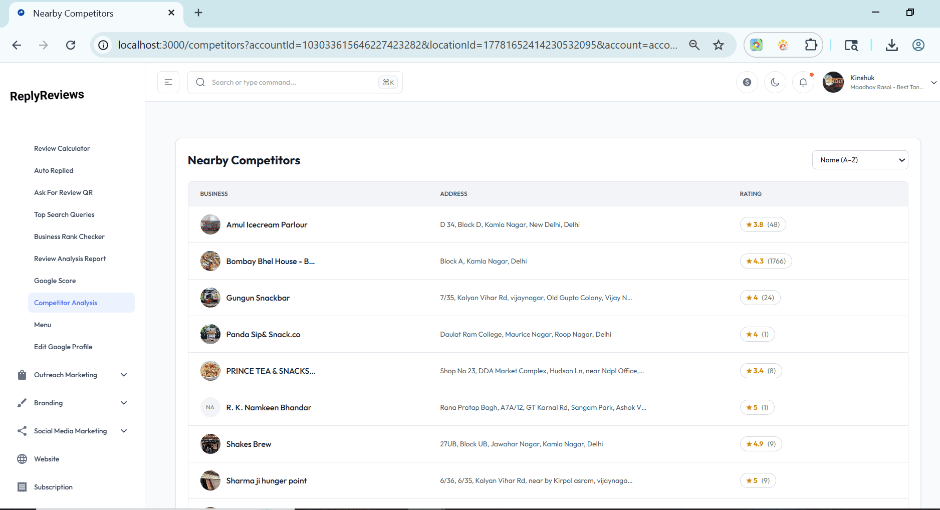 Nearby competitor rating and review comparison