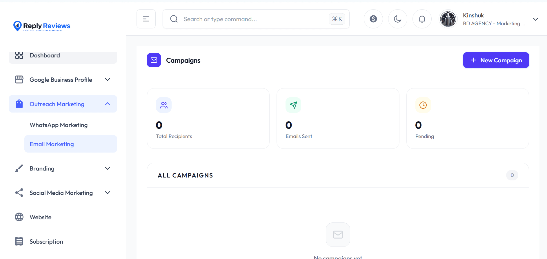 Reply Reviews email marketing tool dashboard showing campaigns, analytics, and email automation features