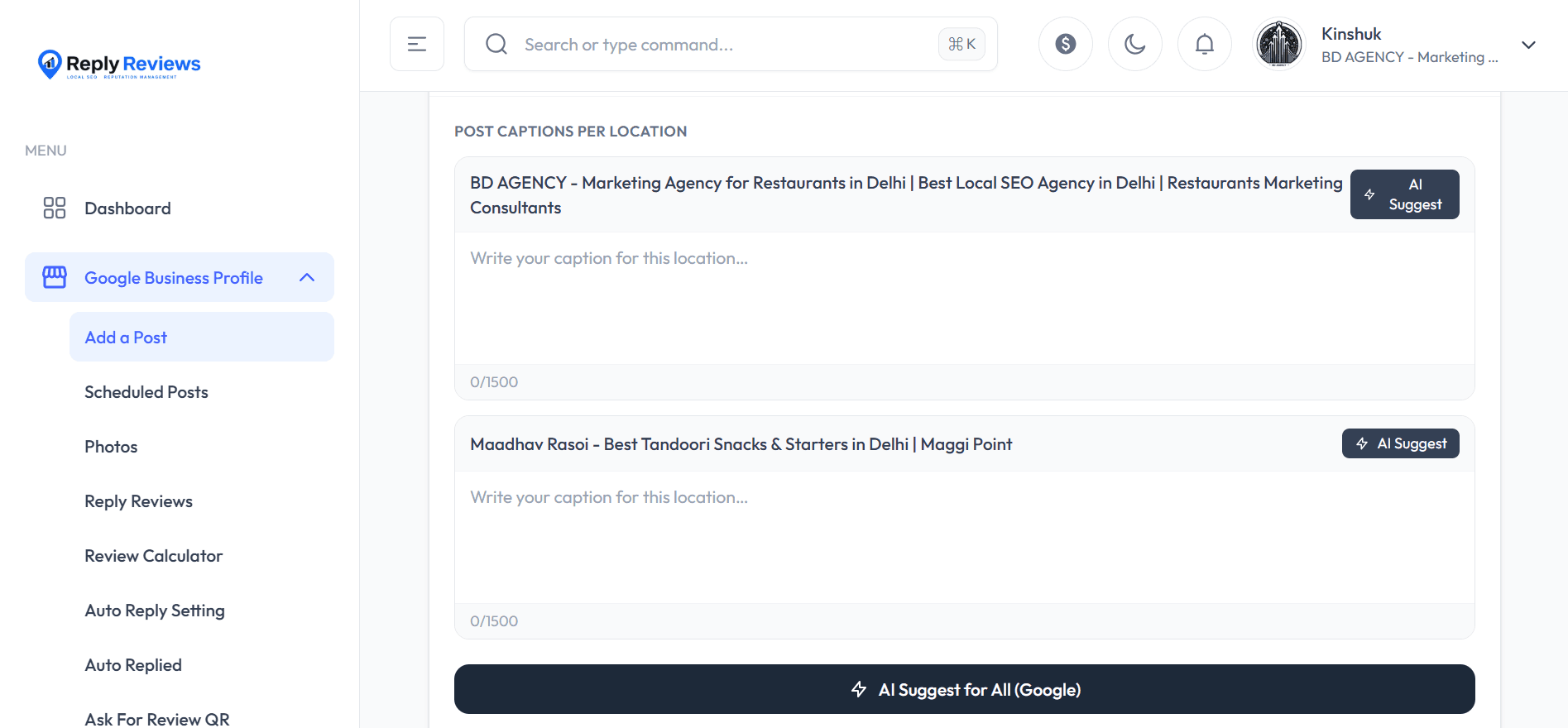 AI generated post captions per business location