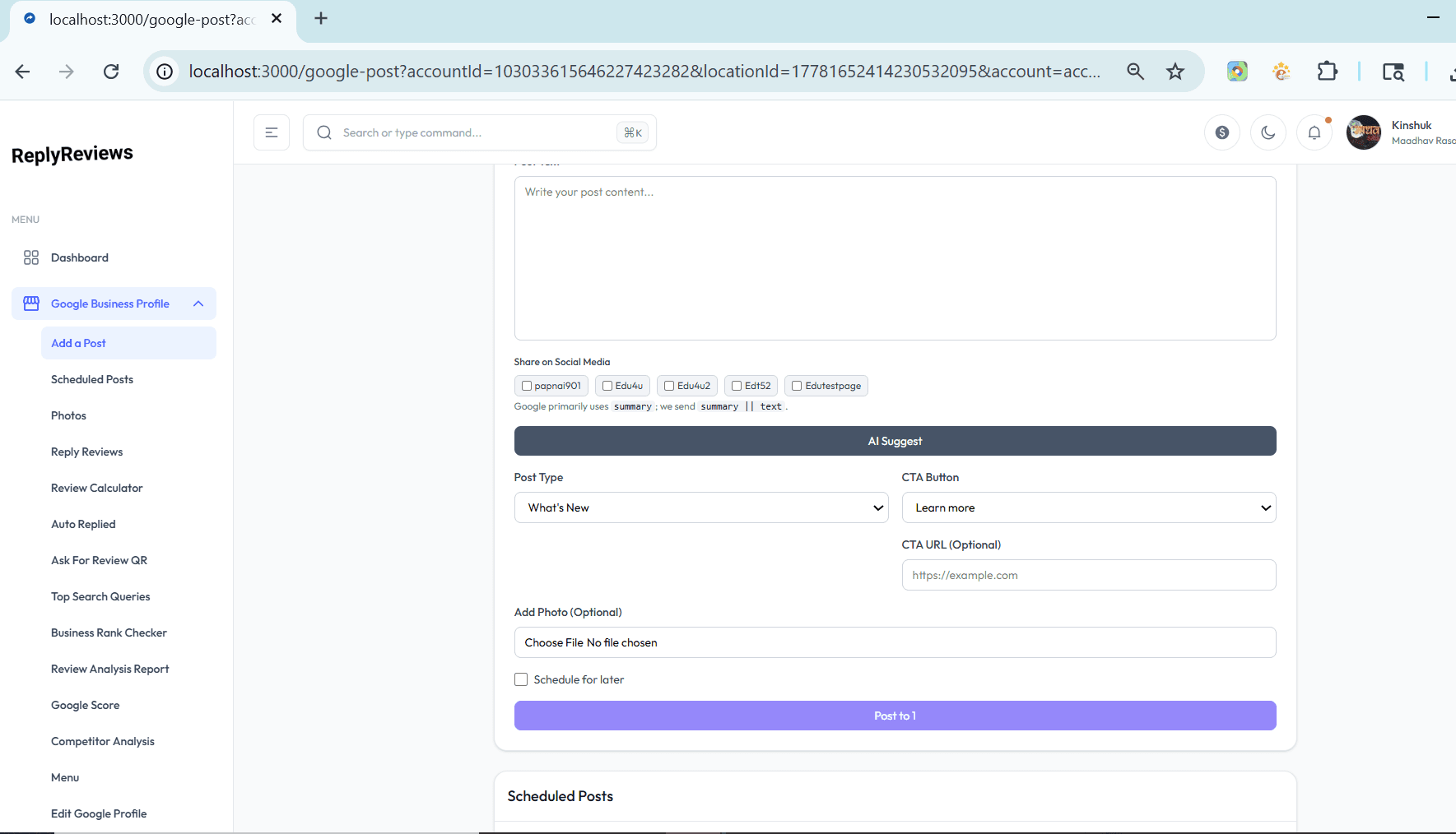 GMB Post AI Generator dashboard interface showing post creation with image upload and keyword input
