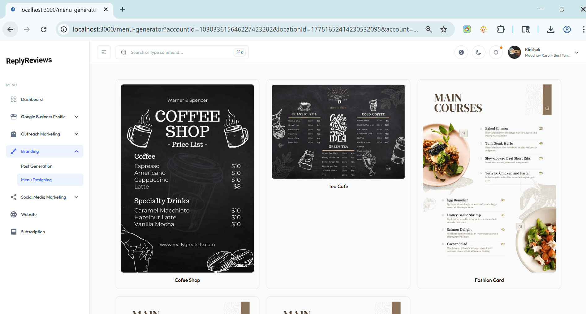 AI Menu Card Generator Dashboard Interface showing template selection and menu editing